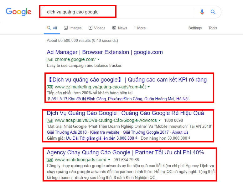 Quảng cáo Google tìm kiếm thường được hiển thị dưới dạng kết quả tìm kiếm Google ở các vị trí đầu.