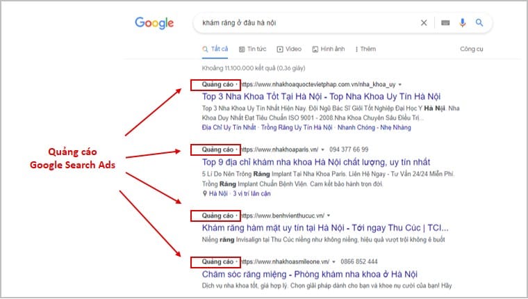 Các kết quả tìm kiếm sử dụng Google Search Ads đạt thứ hạng cao, nhận dạng từ khóa nhanh chóng