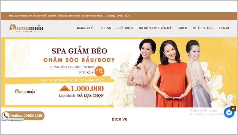 Website của một spa chăm sóc sau sinh bắt mắt, các dịch vụ được sắp xếp chuyên nghiệp