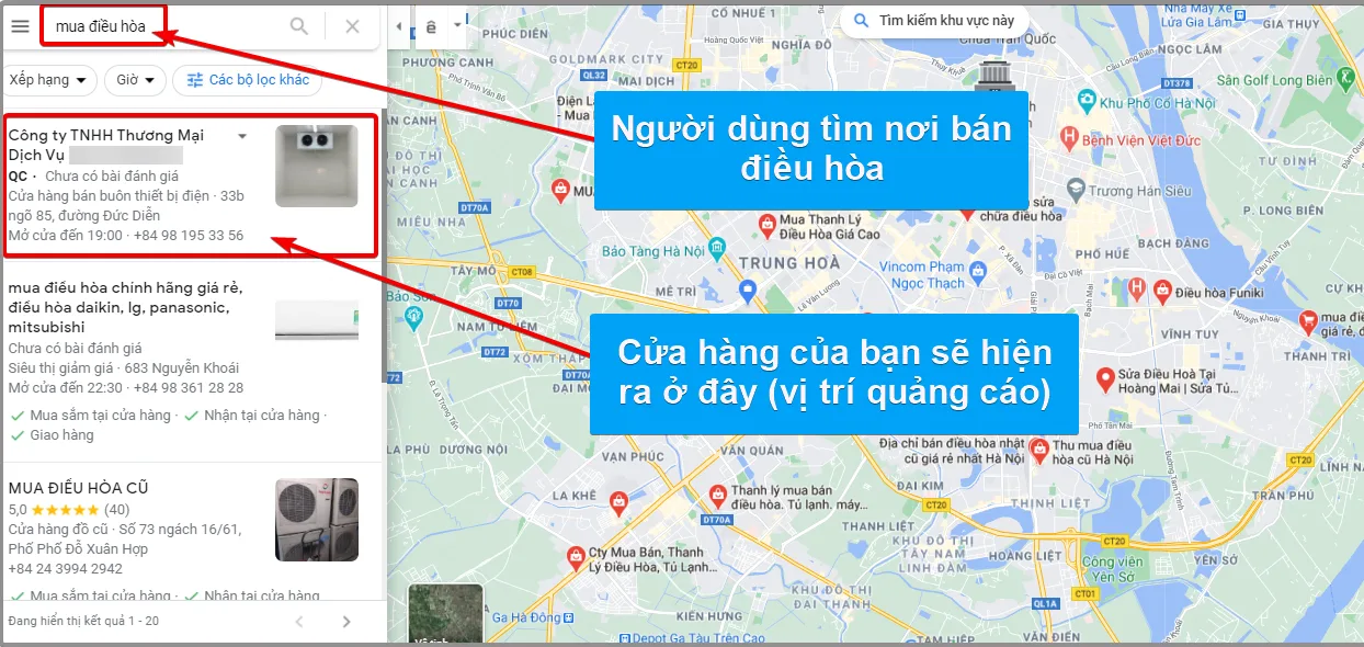 quảng cáo google maps cửa hàng điện tử điện lạnh