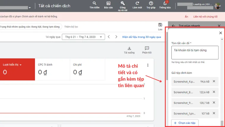 Mô tả tài khoản bị tạm ngưng