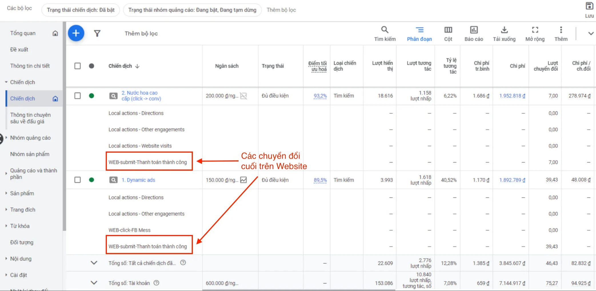 Cài đặt đo lường chuyển đổi tới mục tiêu cuối để máy học loại bỏ các Click ảo