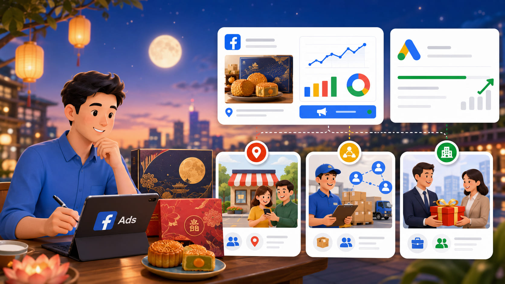 Facebook Ads quà tặng Trung thu có thể dùng lead form inbox và remarketing để lấy báo giá