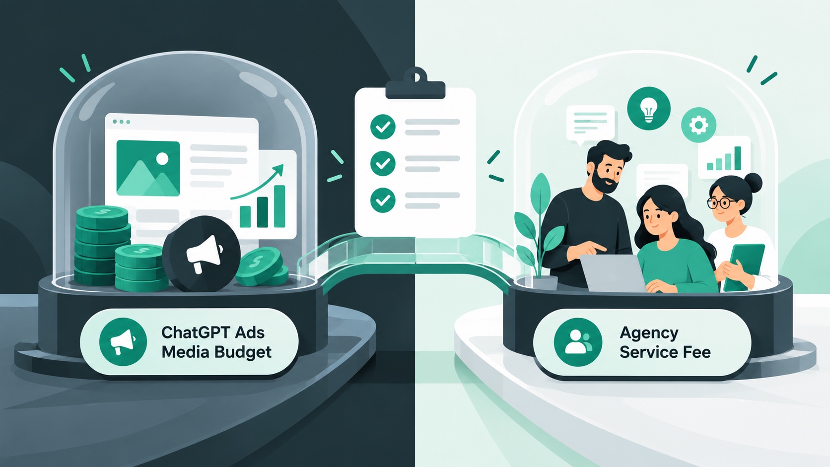 Minh họa 2D chatgpt-ads-media-agency-split trong hệ sinh thái ChatGPT Ads