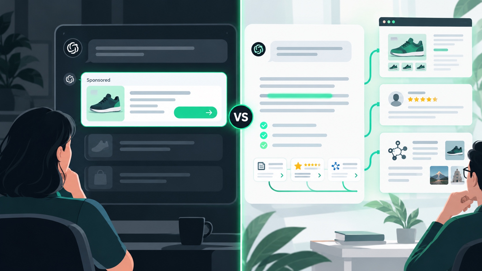 Minh họa 2D chatgpt-ads-paid-vs-organic-ai trong hệ sinh thái ChatGPT Ads