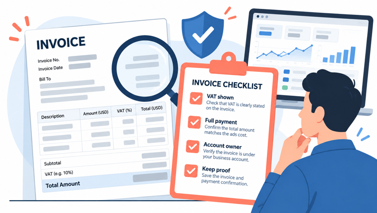 Minh họa checklist kiểm tra hóa đơn Meta Ads trước khi thanh toán và hạch toán
