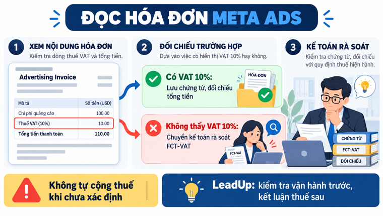 Sơ đồ đọc hóa đơn Meta Ads khi có hoặc không có dòng VAT 10%