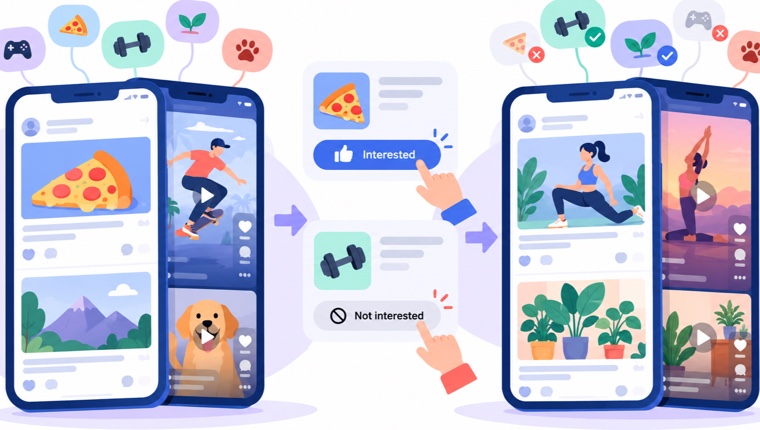 Minh họa vòng lặp phản hồi Interested và Not interested trên Facebook