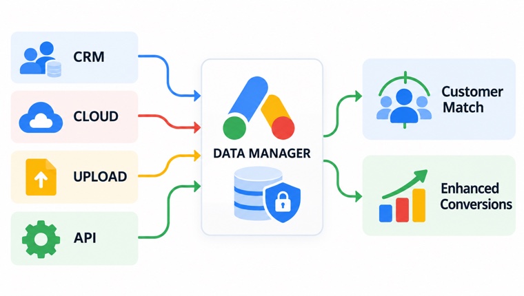 Minh họa các nguồn dữ liệu CRM, cloud, upload và API kết nối vào Google Ads Data Manager