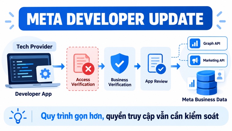 Sơ đồ Meta gỡ Access Verification riêng cho Tech Provider nhưng vẫn giữ Business Verification và App Review