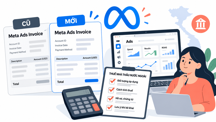 Minh họa hóa đơn Meta Ads cũ và mới với thông tin nhạy cảm được ẩn