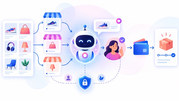 Minh họa agentic commerce kết nối catalog merchant thanh toán và đơn hàng