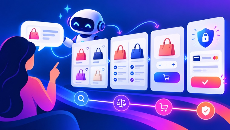 Minh họa Muse AI dẫn người dùng từ yêu cầu mua sắm đến checkout