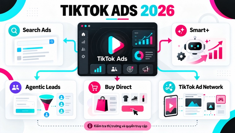 Minh họa hệ sinh thái TikTok Ads 2026 gồm Search Ads, Smart+, Agentic Leads, Buy Direct và TikTok Ad Network