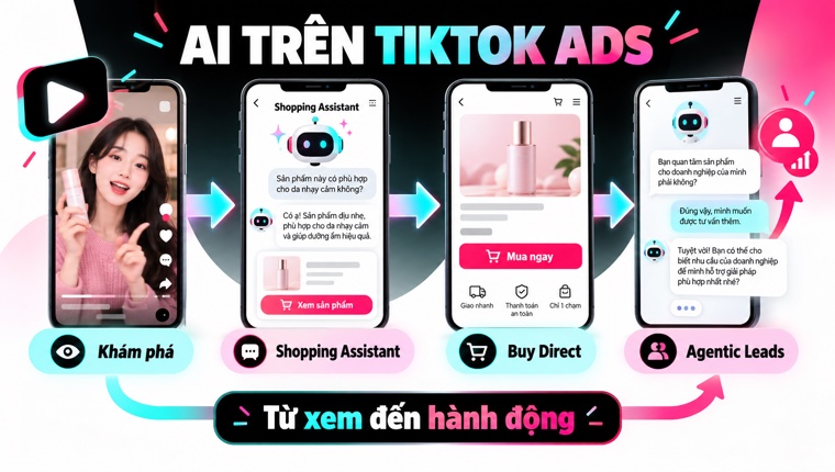Minh họa TikTok AI từ khám phá sản phẩm đến Shopping Assistant, Buy Direct và Agentic Leads