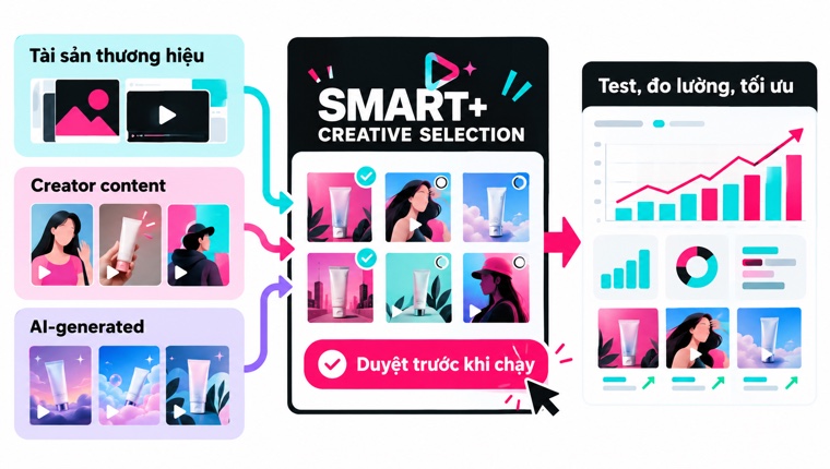 Minh họa TikTok Smart+ Creative Selection kết hợp tài sản thương hiệu, creator content và AI